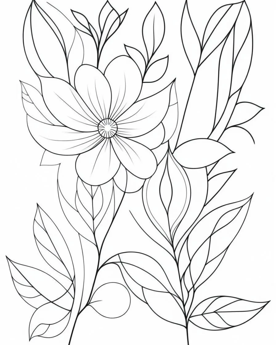 A minimalistic coloring book page style with thin line art. The image can be a simple flower or nature-inspired design, surrounded by empty space for coloring.