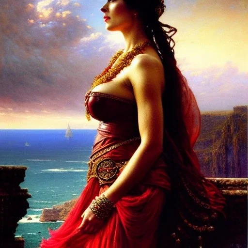 Drawing of beautiful face busty Celtic queen,balcony,view,cliffs,sea,ancient leather armor, balanciaga fashion clothe painting by gaston bussiere, greg rutkowski, yoji shinkawa, yoshitaka amano, tsutomu nihei, donato giancola, tim hildebrandt, oil on canvas, cinematic composition, extreme detail,fit full head inside picture,16k