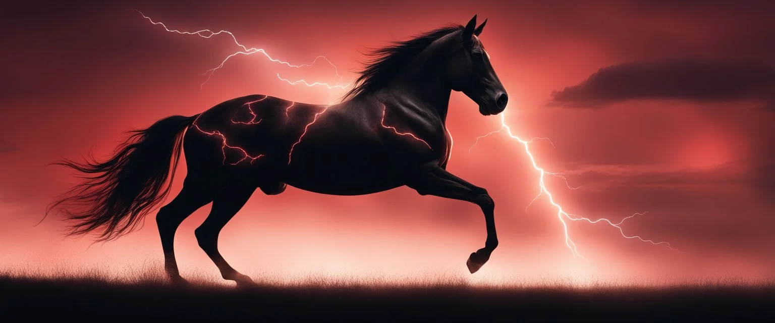 full silhouette of a horse rearing up(on Right side, outlined by lighting), plus red sky with lightning bolts(from top right to bottom left), speed force
