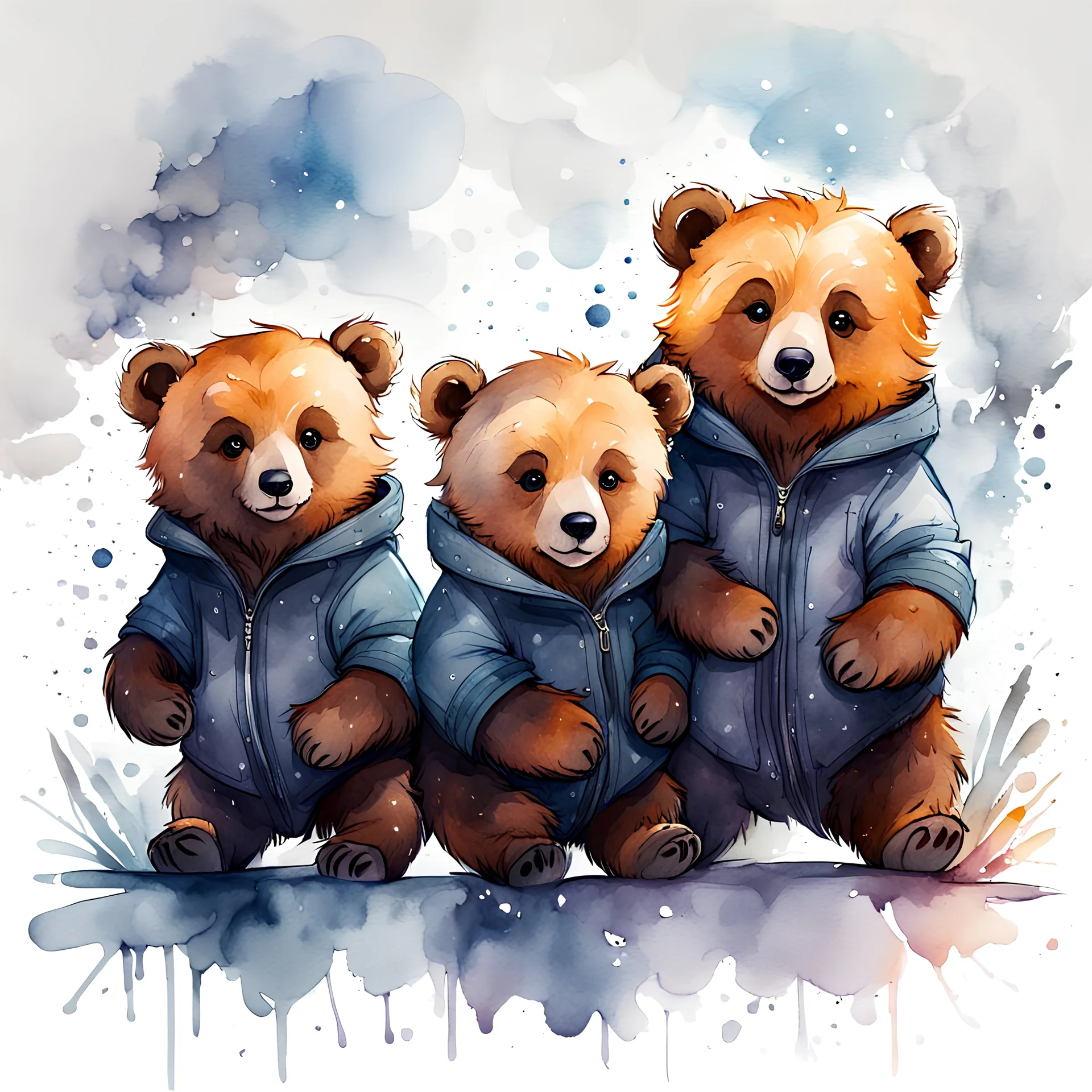 watercolor drawing of three russian little bears on a white background, Trending on Artstation, {creative commons}, fanart, AIart, {Woolitize}, by Charlie Bowater, Illustration, Color Grading, Filmic, Nikon D750, Brenizer Method, Perspective, Depth of Field, Field of View, F/2.8, Lens Flare, Tonal Colors, 8K, Full-HD, ProPhoto RGB, Perfectionism, Rim Lighting, Natural Lighting, Soft Lig
