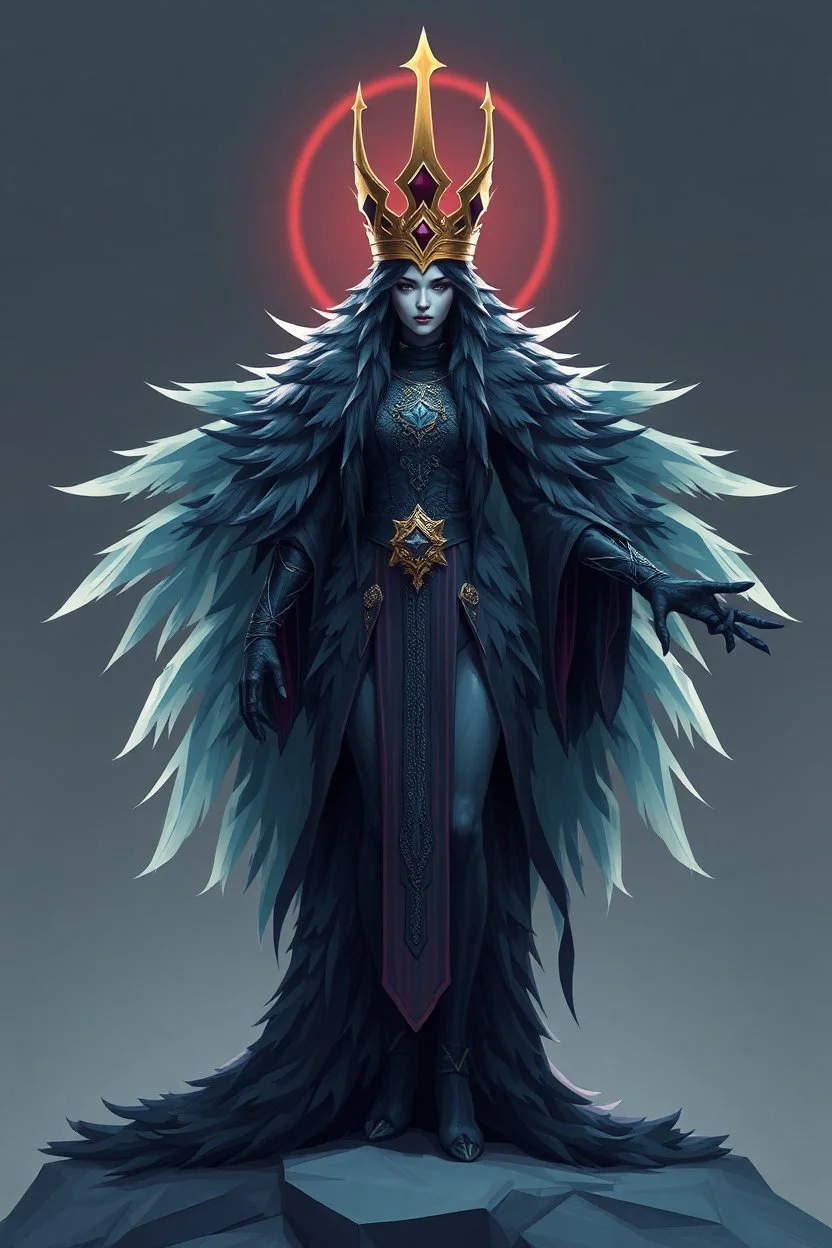good low poly raven crown priest woman with long fur all over her entire body and bright aura
