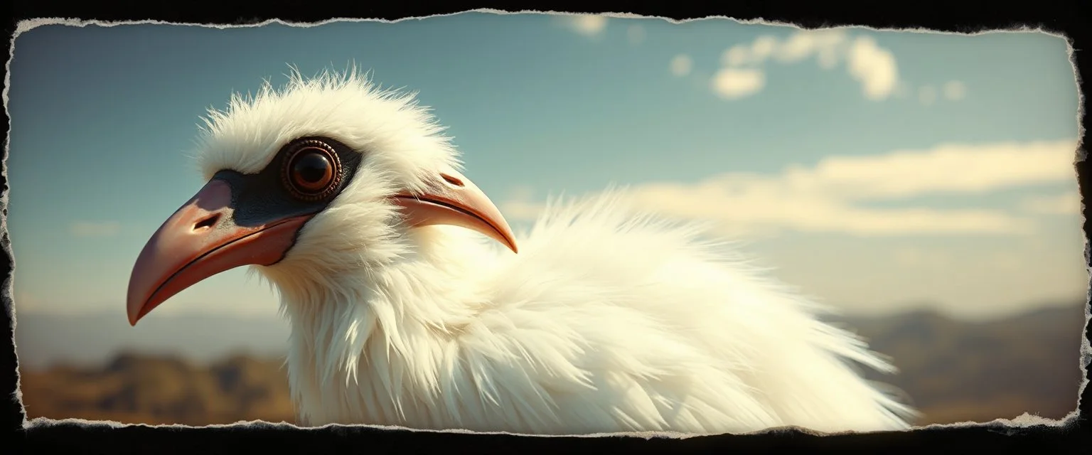 3d airbrush render, white fluffy magpie elf alien dodo , pinhole cam, airbrush 3d rendering, in the style of Titian and Dali , torn edges on border
