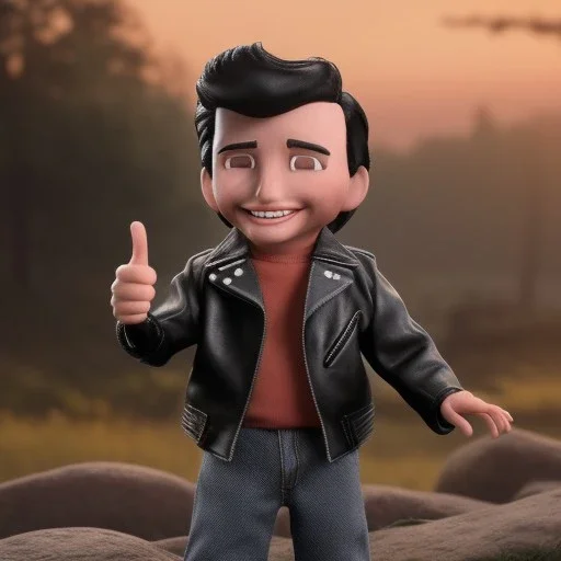 wide view young Fonz with black hair greaser figure doll 1988 (thumbs-up) (face) Forehead grin, fonzarelli, ((arnold's drive-in)) fonzie