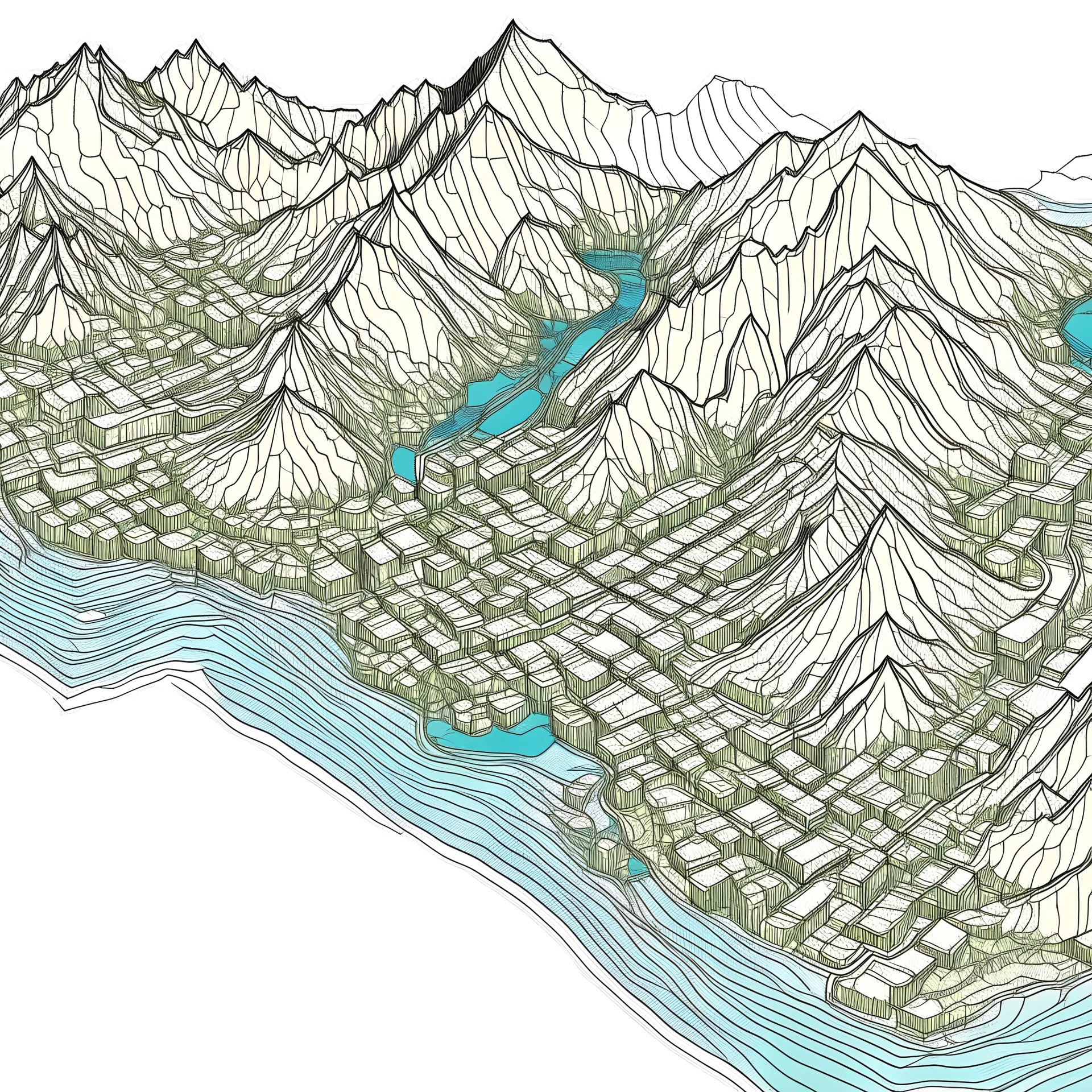 Topographic map, mountain, Lake, city, illustration, sketch