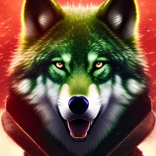 Green Wolf, red eyes, 8K, cinematic lighting, sharp focus, masterpiece, expert