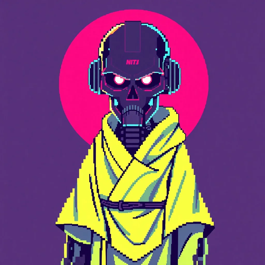 8 bit pixelart of a terminator like robot, synthwave colored, vaporware, budist monk robe