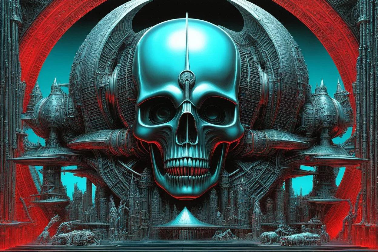 [3D anaglyph red-cyan glasses required for this art by H R Giger for Heavy Metal cover] a new world emerges. A world where a gigantic obsidian crystal spaceship dominates the skies. Its massive bones jut out, the skull at the prow and the feet at the engine, like some gothic monstrosity brought to life. The brass coverings gleam in the light, adding an air of ancient mystery to the vessel.