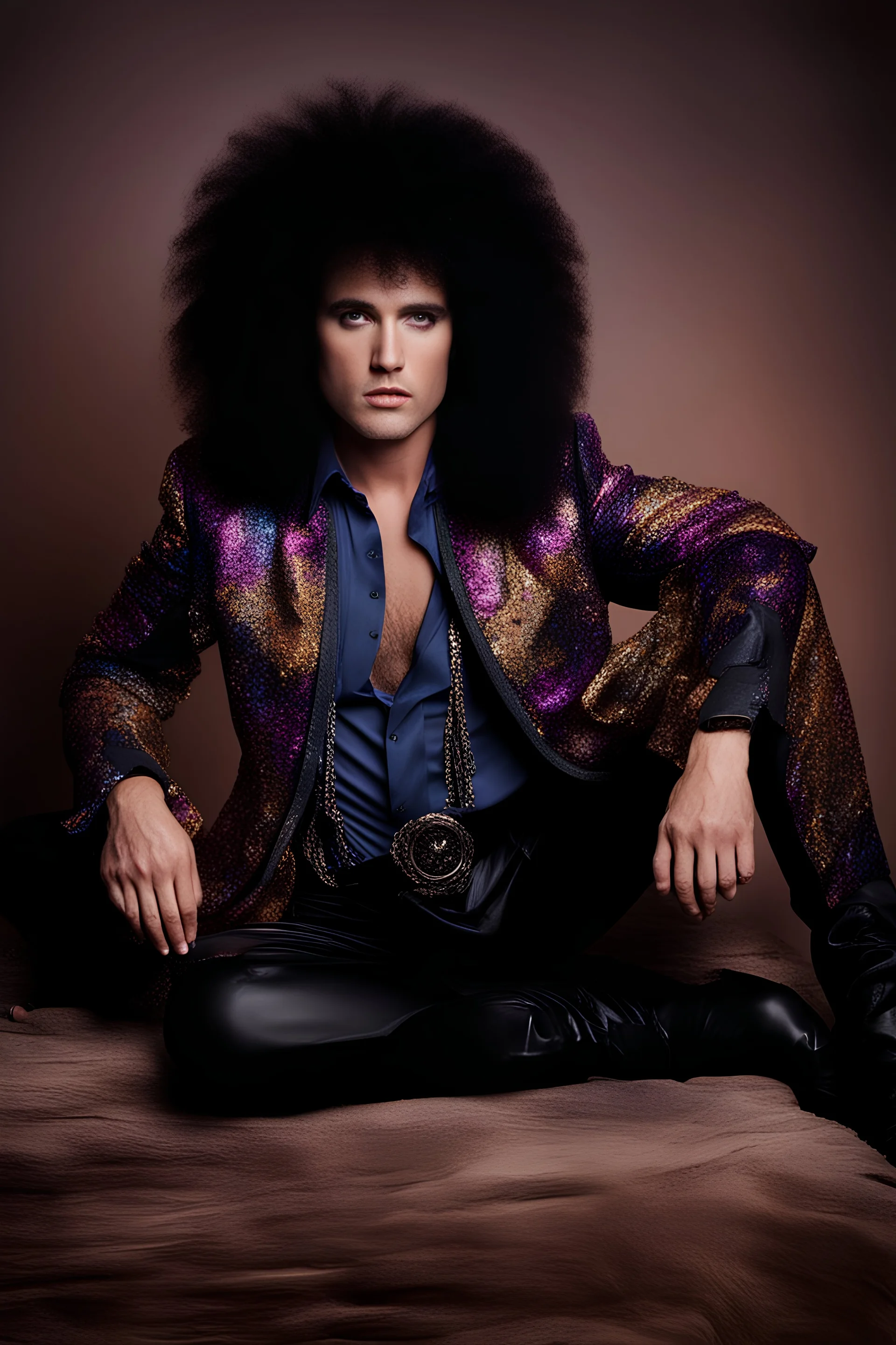 What Elvis Presley would look like if he were in a 1980s, big hair, glam rock band that wears facial makeup and crazy costumes