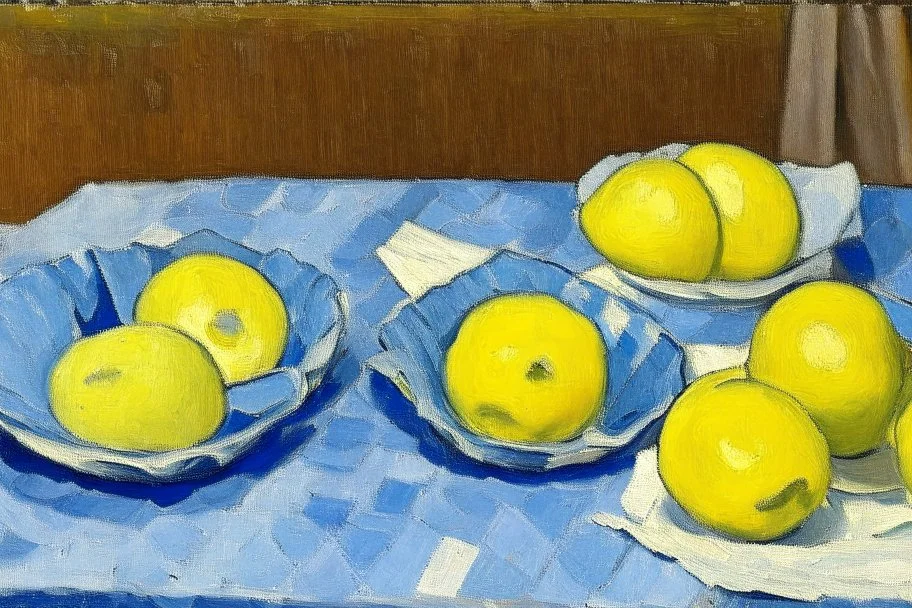 Lemons on a table with a blue napkin, impressionnist oil on canvas by Paul Cézanne, 1887, broad brushstrokes, canvas relief