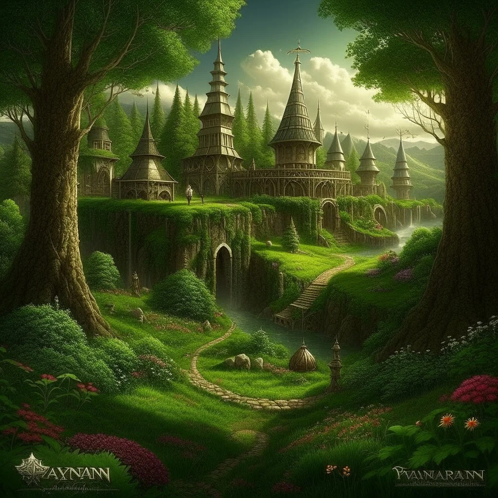 Pagan town, viking art, highly detailed with lush forests, green leafs, flowers, pagan temple with runes, high resolution, 24k, ornate, intricate, complex, digital painting, smooth