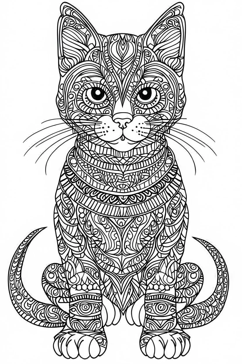 A simple coloring book page drawing with only thick black lines on a white background of a full length body of a kitten mandala of the cat breed PAMPAS CAT in the Pop Art style. No shading. No gray. No shadows. No color. This coloring book page would appeal to children aged sixteen through adults and have clean lines for a design that is easy to color. Style raw. Aspect ratio 9:11