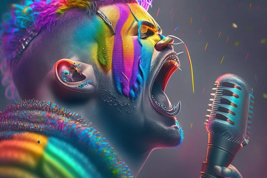 singer with a rainbow stinger, perfect composition, hyperrealistic, super detailed, 8k, high quality, trending on artstation, studio photo, highly detailed, wide borders