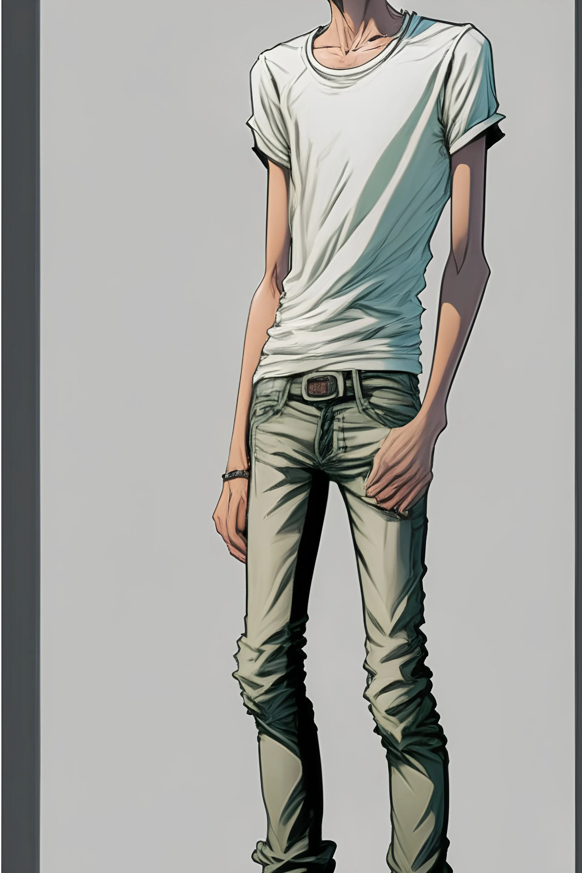 Teen man, black hair, perfect face, style of tomer hanuka, jeans, white, t-shirt, pompadour. standing, full body
