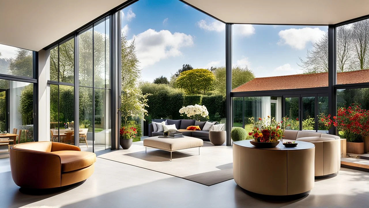 Beautiful modern luxurious minimal domestic living room, floor-to-ceiling sliding windows look out onto attractive flower gardens and fruit trees. Beautiful delicate roof-lantern adds extra daylight and view of the sky. Room is light, comfortable, peaceful, welcoming and tasteful. The home was recently the winner of a national architecture award. Afternoon, springtime, blue sky with small clouds.