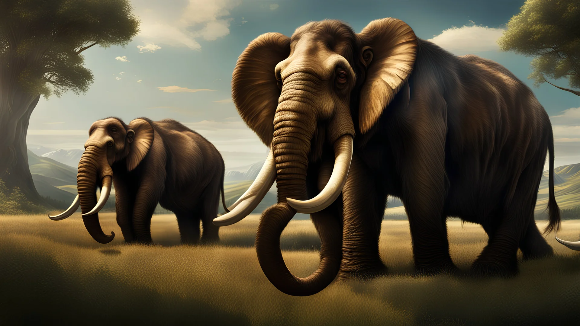 extinct mammoths in a typical grassland with intricately detailed faces, professional photography, a breathtaking background, natural environment, cinematic side light, long shot on DSLR 64 megapixels sharp focus, canon lens, Hyperrealistic, concept art, 16k resolution