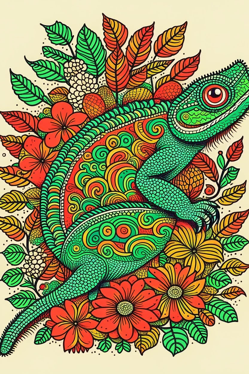 a chameleon rounded by flowers and leaves, quimbaya culture style