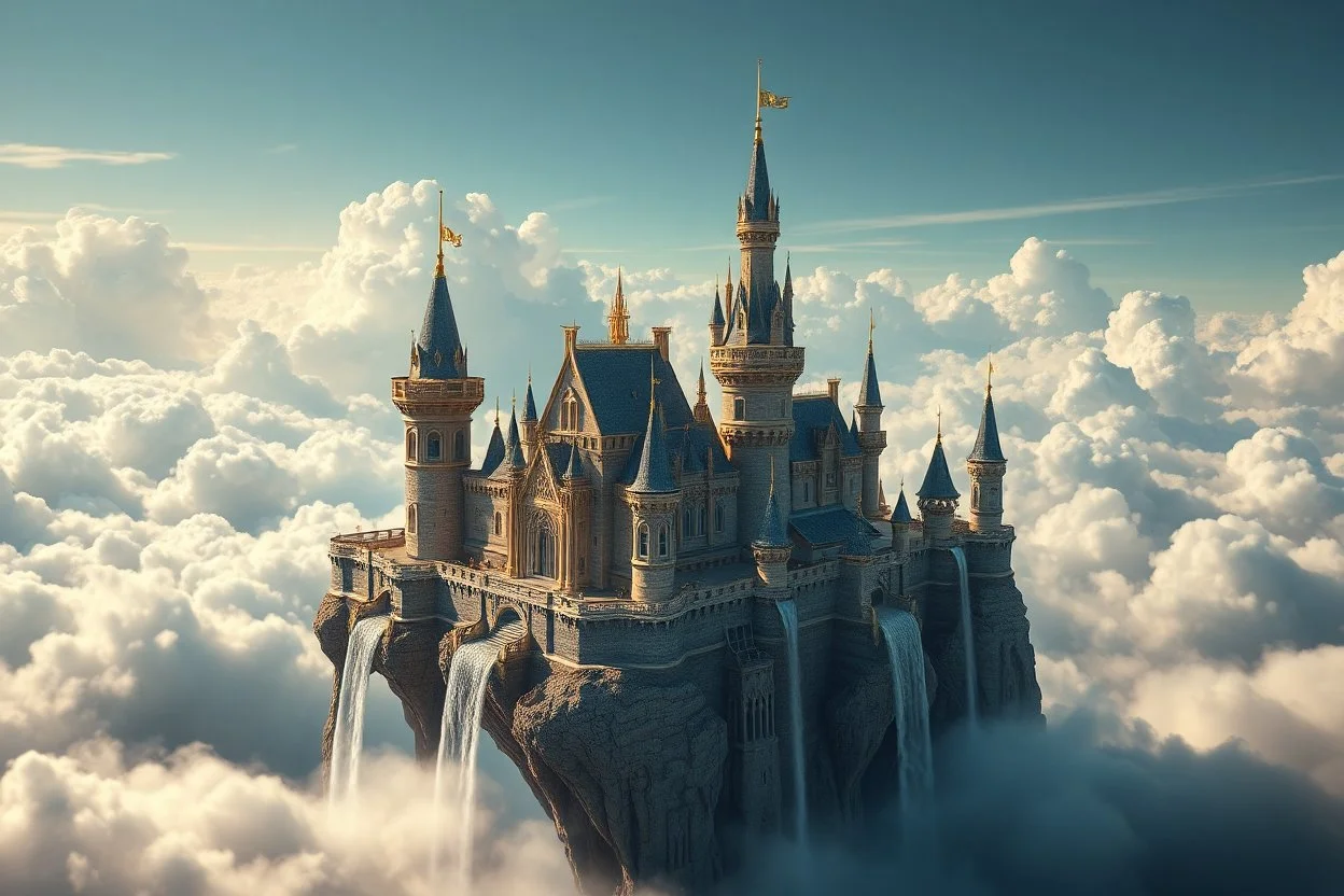 Ultra realistic photo of a majestic magical castle floating among clouds, enormous towers, golden details, waterfalls falling from the sky, fantasy architecture, dreamy atmosphere, divine sunlight, enchanted colors, practical fantasy engineering, breathtaking view, cinematic composition, HOF, full size, (((realism, realphoto, professional photography, DSLR camera, 64k, photorealistic, ultra detailed)))