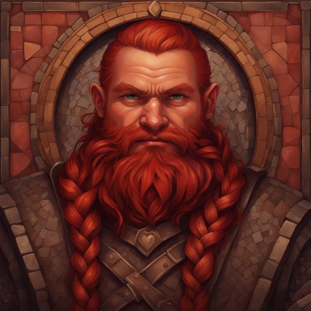 a medieval mosaic, Dnd, fantasy, portrait, only face, dwarf, blacksmith, kind, hearthy, red hair, braided beard