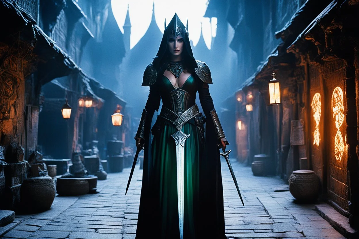(photo of a sword and sorcery movie) she stands, a captured phantom, trapped in the neon-flesh-bazaar of a dying medieval city. This isn’t a market; it's a cosmic mistake, a hallucinatory auction block. The subject is a sorceress, her eyes (shot-on-35mm film, grainy, intense) reflect a reality that is cracking. She is bound, not just by ropes, but by the jagged, vibrating lines of a bad trip. Her clothes—torn velvet, the remains of arcane robes—cling to her, stained with mud and stardust. One w
