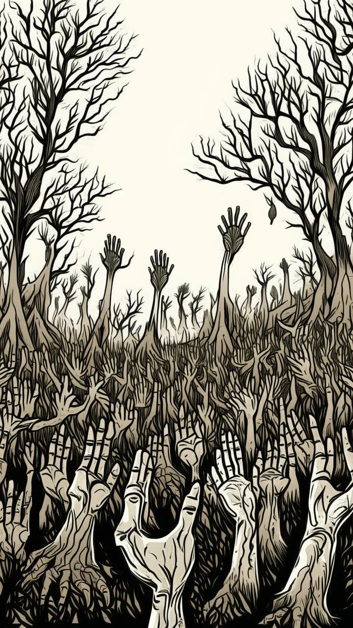 a field of thousands of hands of bodies rising up from the ground not visible, horror, hands in different shapes coming out from the ground towards the sky Busch painting style nightmare and thin line draw, a dry tree with out branches in the middle