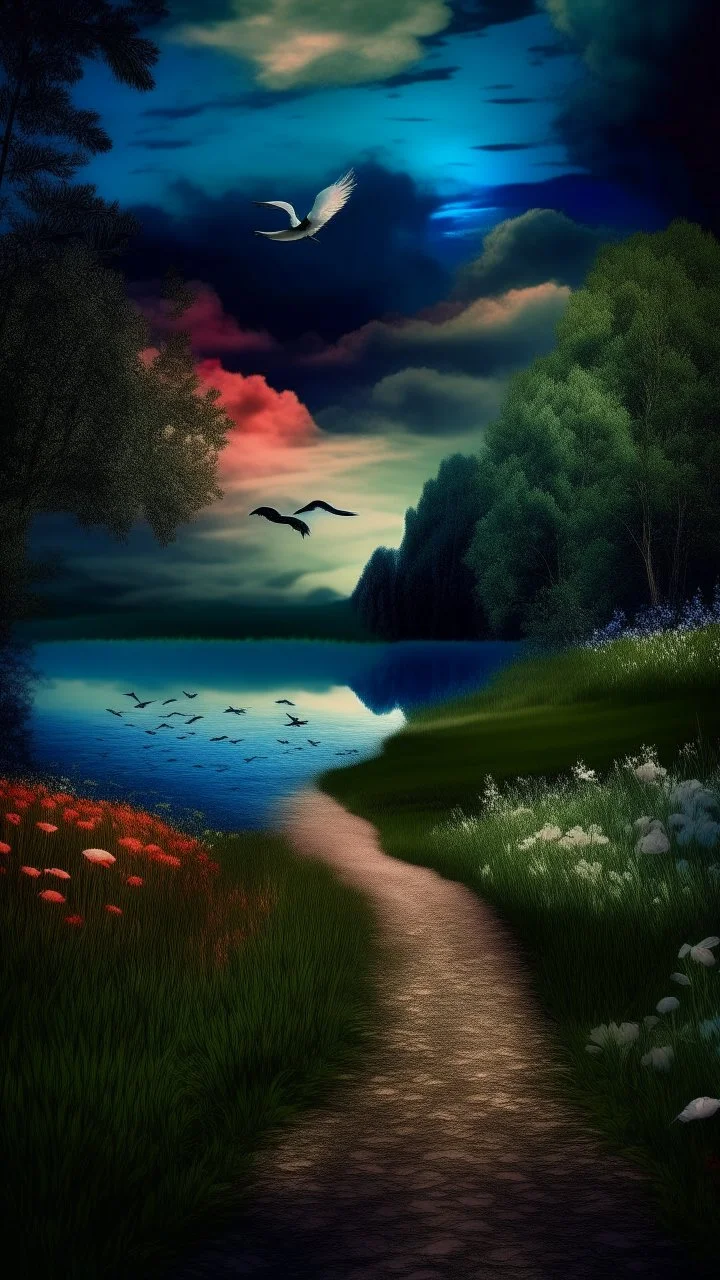 forest trail, trail of flowers, dusk by a lake.dark blue background with clouds and one bird in the horizon