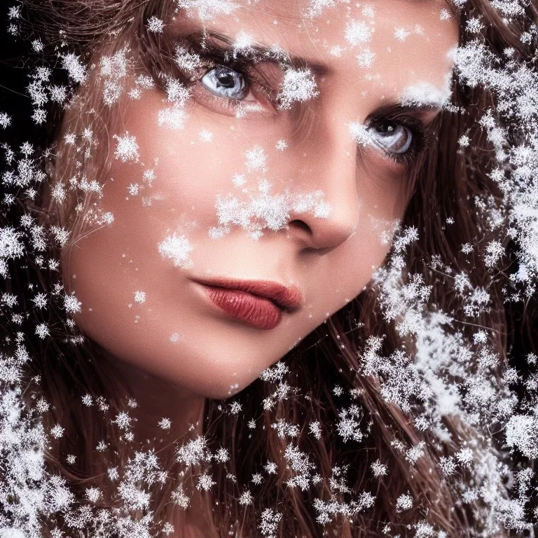 wonderfull italian woman, curves, platinum long hair, hair covering one eye, ultradetailed fine art photo of a indian, weet face portrait, snow flakes particles, 35 mm