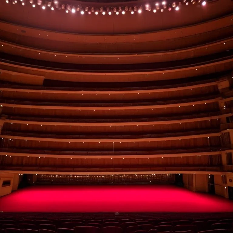 one chair on stage in spotlight close up view facing empty audience at a dark and empty symphony hall