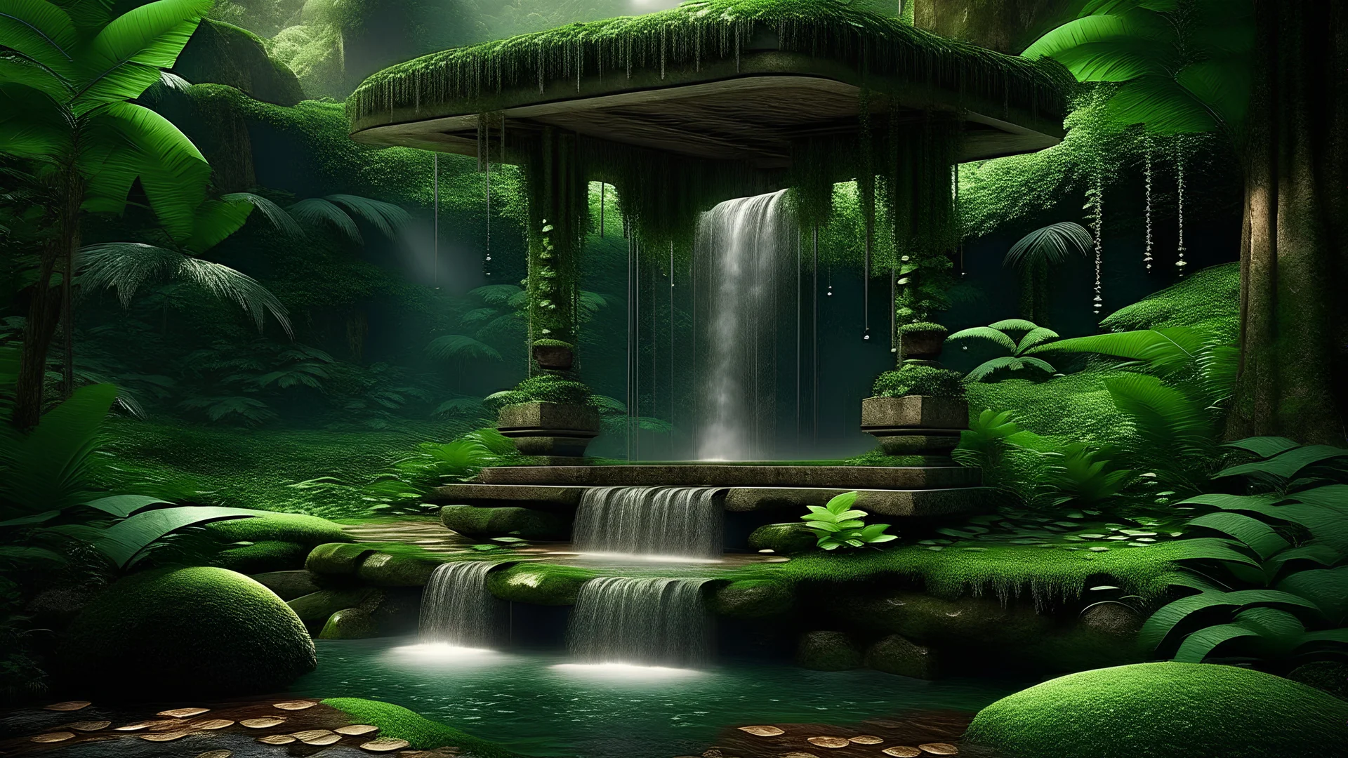 Meditation platform under a waterfall, In the jungle garden my mind bows With the songs of dawn and the sadness of sleep Every leaf - that trembles in the embrace of the green My soul is a tired bird I want to sit in the sky A drop of sweetness from God The truth in my heart., With dreams, like stars, we sailed in the endless space. An otherworldly planet, bathed in the cold glow of distant stars. gloomy landscape with dramatic HD highlights . round Meditation Podium under the waterfall