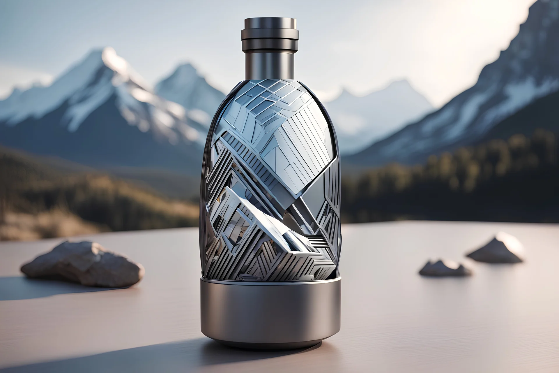 A futuristic (((metal bottle))) with interwoven components that allow for wirelessly controlled temperature settings, featuring clean lines and modern design. Set the scene alongside a (smartphone) for reference. Put a mountain landscape in the background