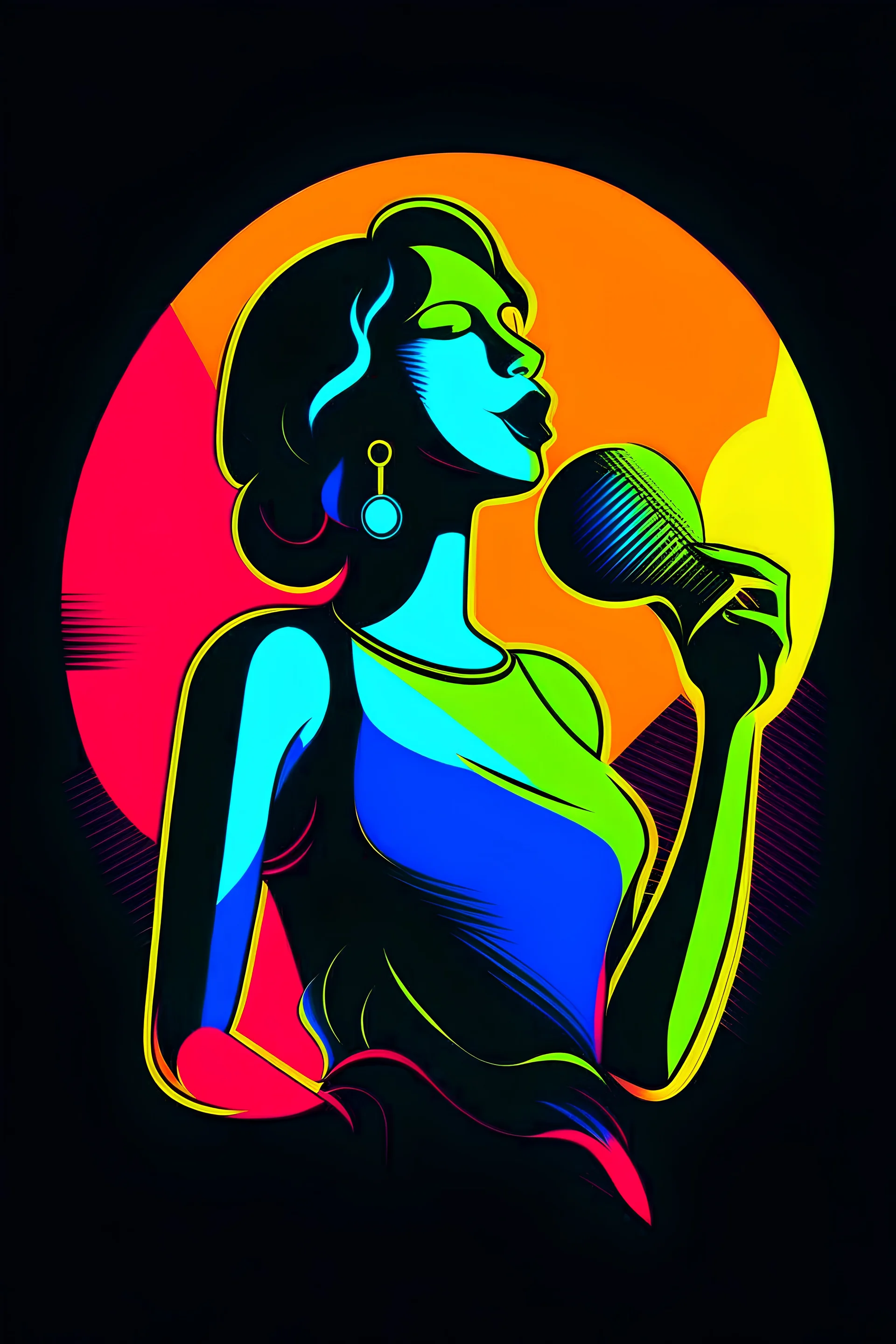 Logo: A stylized silhouette of a woman with multiple arms, each holding a different neon-lit object (microphone, glass, dice). Design Style: Pop art, vibrant colors.