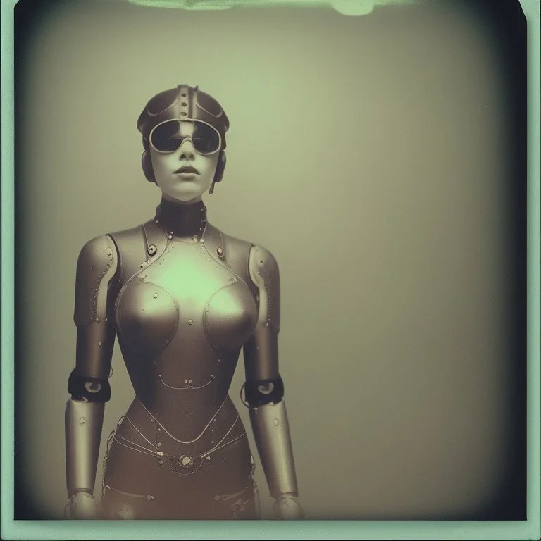 steampunk, vintage analog polaroid of a woman robot, sexy female body, fog, lomography, heavy film grain, sunset, color bleed, depth of field, bokeh, retro,