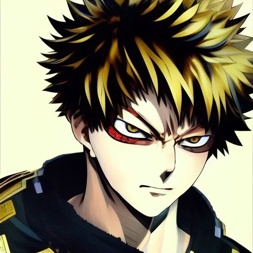 Detailed anime portrait of bakugo from my hero academia, gold hair and golden eyes, black suit, intricate details, full body portrait, keep head in frame, slight smile, black Japanese motif, concept art, highly detailed, digital painting, concept art, sharp focus, illustration, art by Yoji Shinkawa, WLOP and greg rutkowski and alphonse mucha and artgerm and yanjun Chen and Junji ito and Makoto Shinkai, HDR, octane render