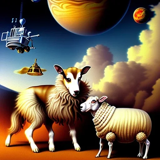 dog lifting a sheep with a forklift on the planet venus