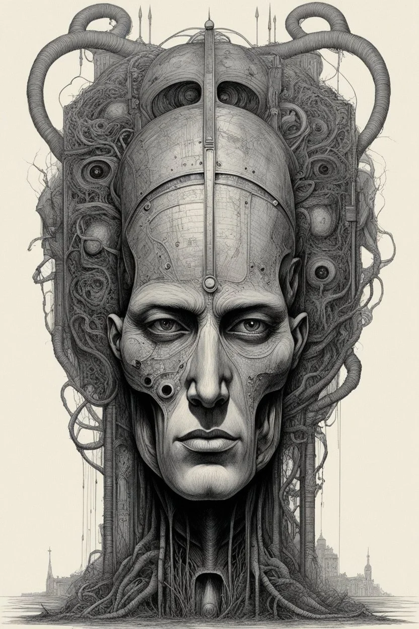 The face of a man with a Indian fathers on head a thin line draw ، front view camera, decayed and rotting with grotesque proportions and imagery. surreal horror, biomechanical design, by hr giger and beksinski , fine lines draw