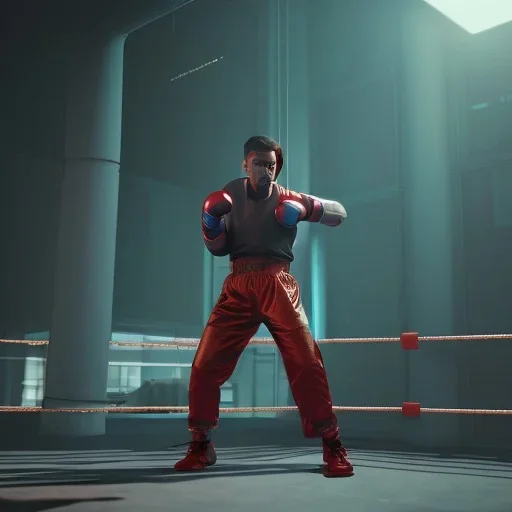 Cyberpunk Man boxing in the ring unreal 5, octane render,cinema4d, dynamic lighting, 8k, redshift render, highly, hyperrealism ultra detailed, hyper realistic.