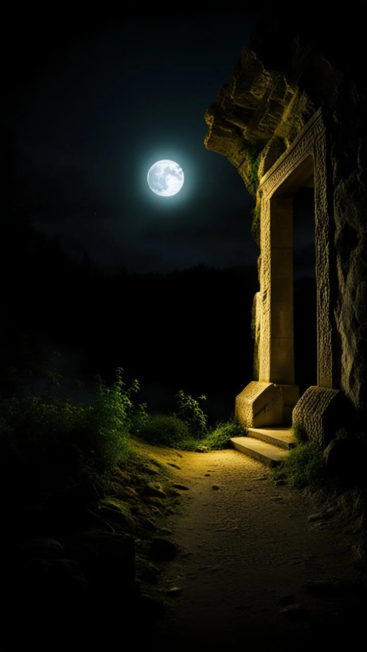 Stone moongate glowing at night under a full moon dark fantasy