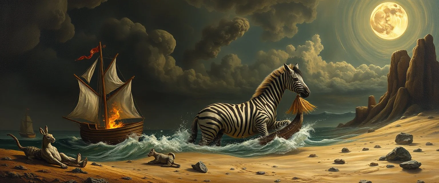 master oil painting by Rembrandt, good afternoon clay moon chill hyper bigger than life zebra dream smoking trickster golem peeking out of a sand twister whirlwind cocoon, all inside a bottle ship and there are lotsa huge twisted glassy marble marbles