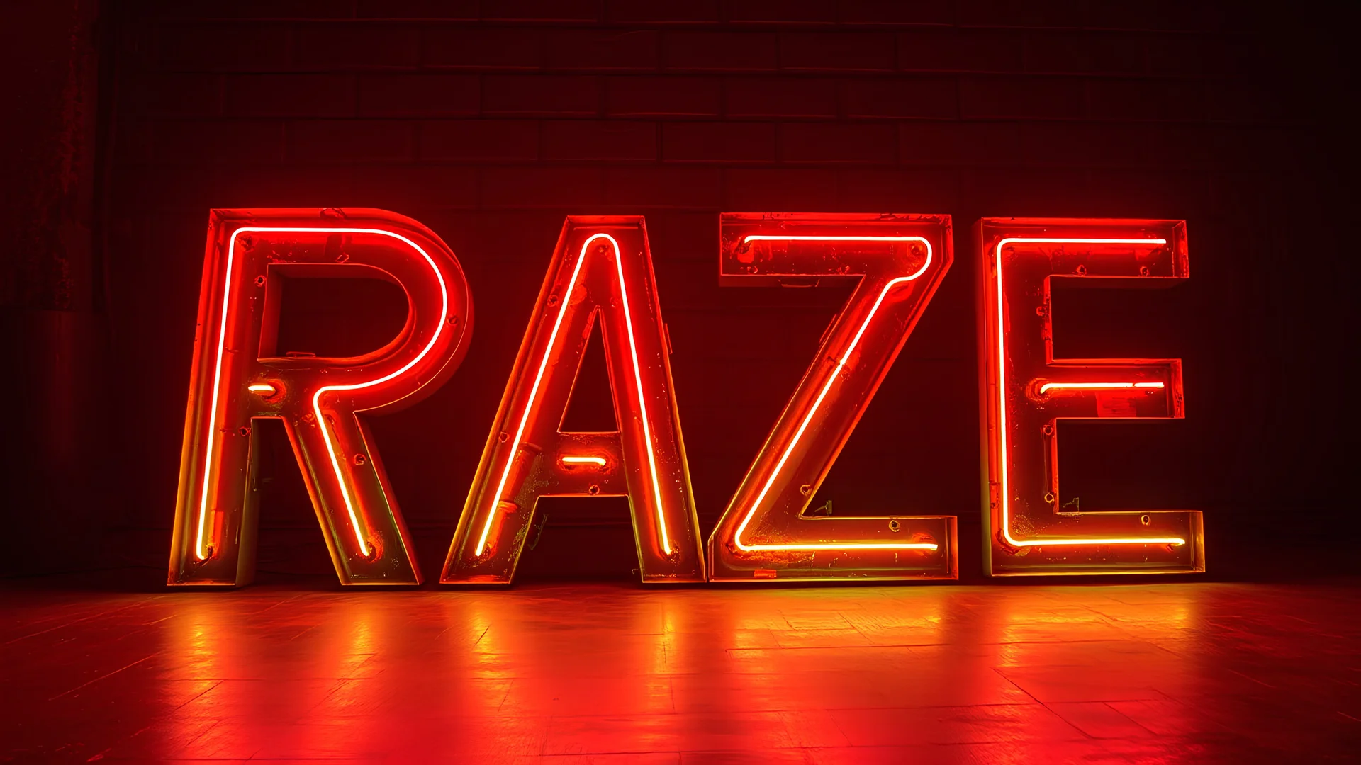 the text "RAZE" written in old style neon diode heavy pieces of metals, glowing, dark room lit by the neon light,