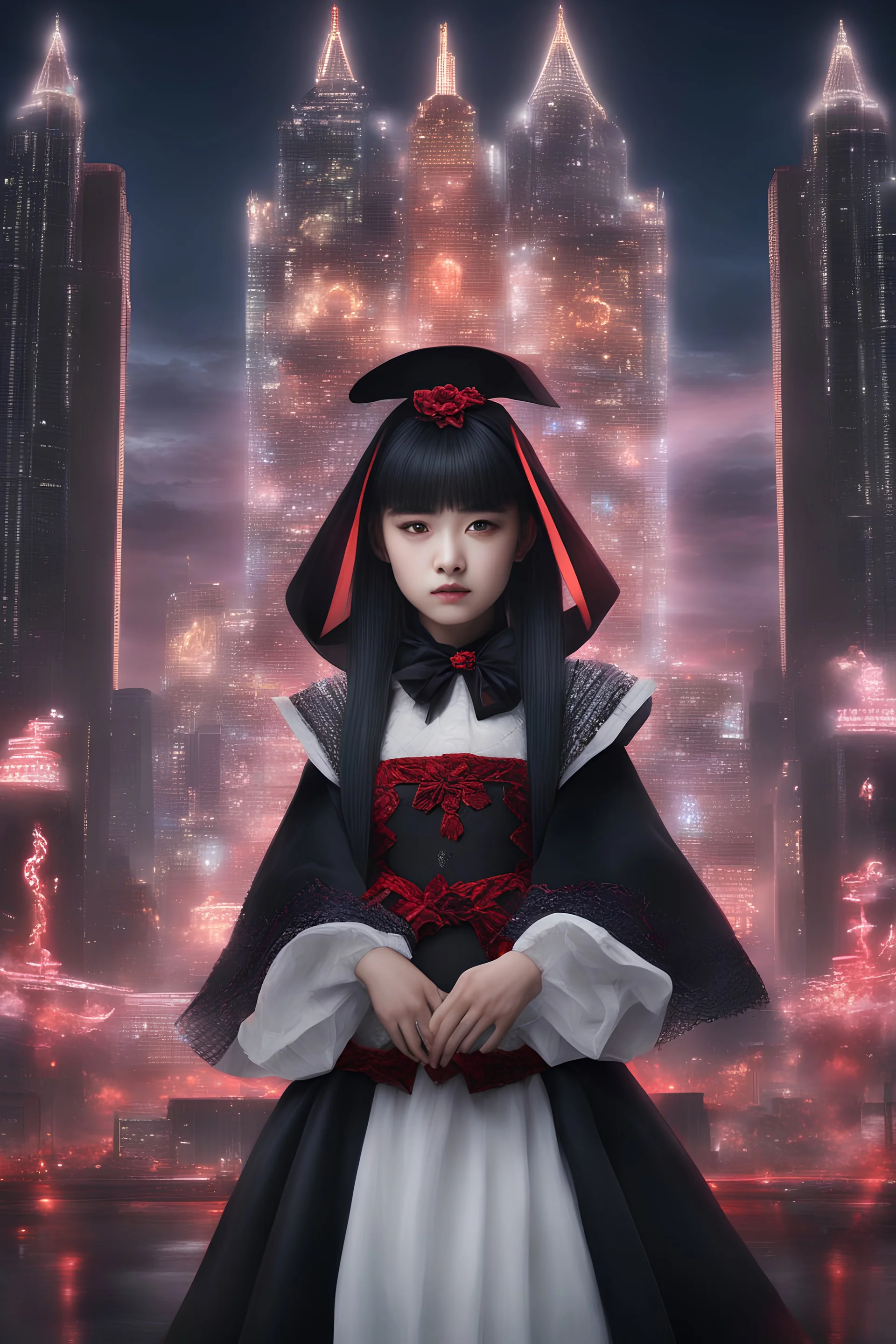 Create a hyperrealistic digital art piece featuring Babymetal wearing a gothic dress. Pay meticulous attention to detail. Render her hair and face with exquisite detail, capturing the beauty of the character. The image should have an ultra-focused and intense feel, utilizing an 8k resolution for crispness and clarity. The background is a hyperrealistic neon cityscape with bokkah focus