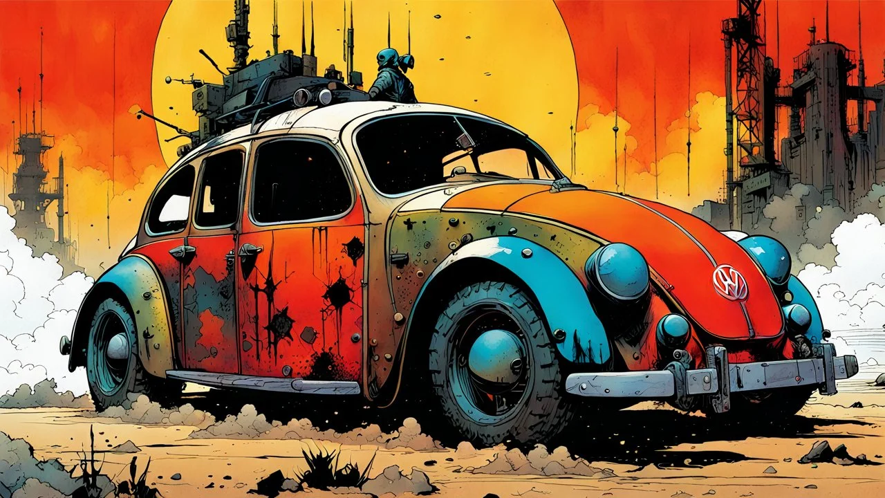 create an abstract, powerful, stripped down, armored, post apocalyptic Volkwagen beetle hot rod with highly detailed features, lost in a horrific industrial wasteland, in the comic book art style of Bill Sienkiewicz, Mike Mignola, and Jean Giraud Moebius , searing lines , forceful strokes, precisely drawn, inked, and colored