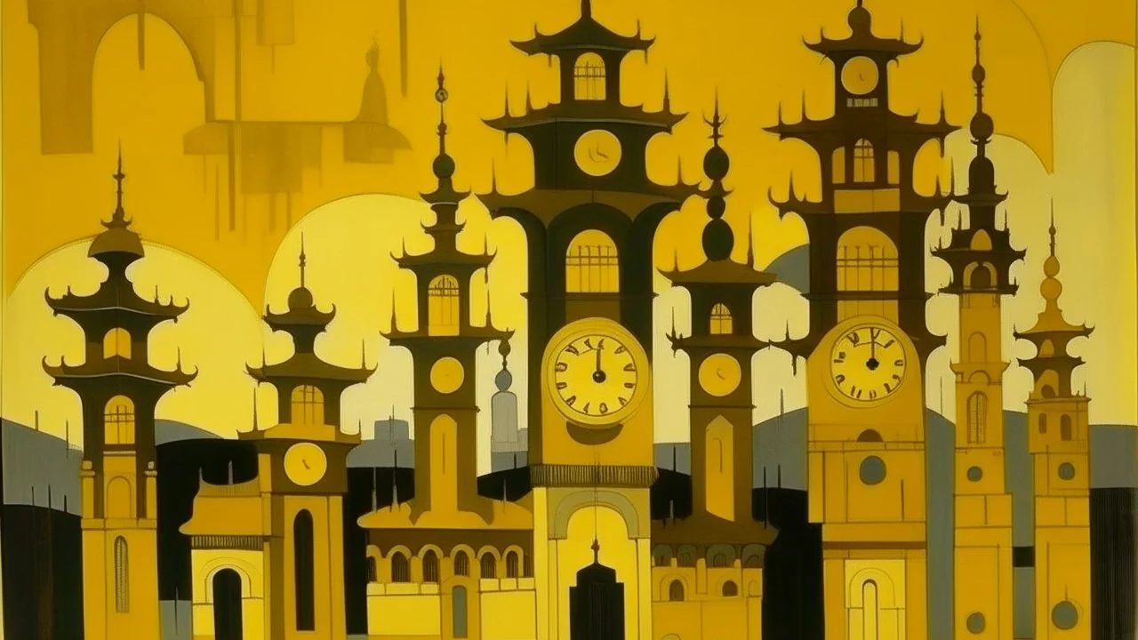 A golden temple with old clocks painted by Lyonel Charles Feininger