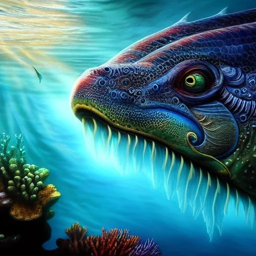 ultra detailed fullbody portrait of Sea monster underwater, extremely detailed digital painting, intrincate, extremely detailed face,crystal clear Big eyes, in the style of Simon Bisley, mystical colors , perfectly centered image, perfect composition, rim light, beautiful lighting, 8k, stunning scene, raytracing