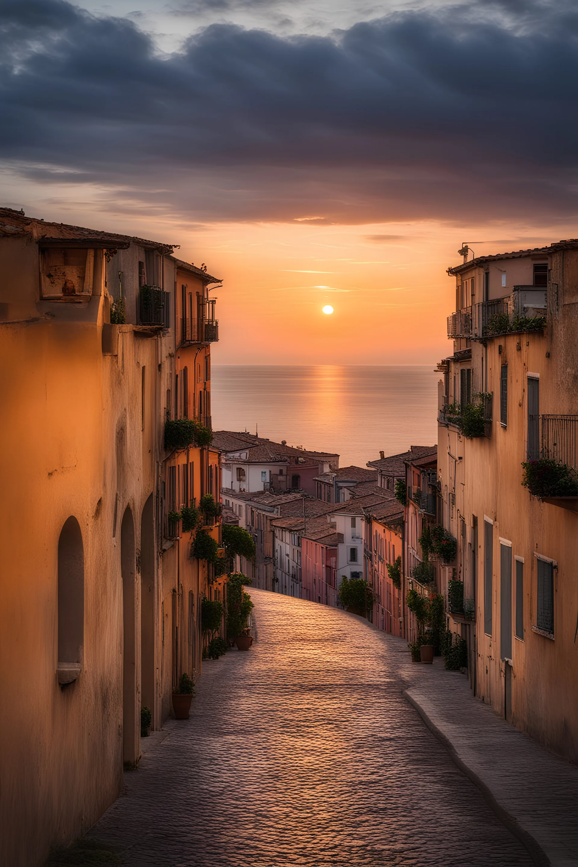 Create a realistic, moody photograph of the streets of Piombino in Italy at sunset, with the sea and the island of Elba on the horizon.