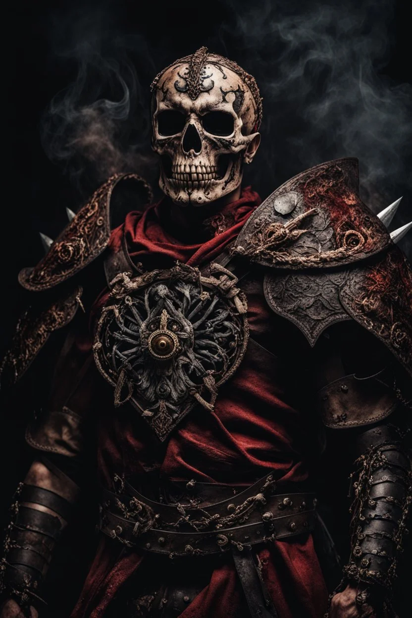 a warrior with his chest made of bones and eyes made of smoke. dark horror setting. terrifying horror backgrund. blood, guts, gore. visceral. fighting a fiend.