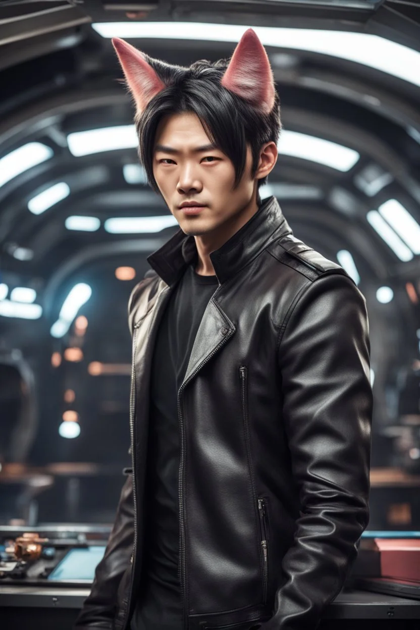 Make Asian Actor with cat ears in a leather jacket, on a spaceship deck