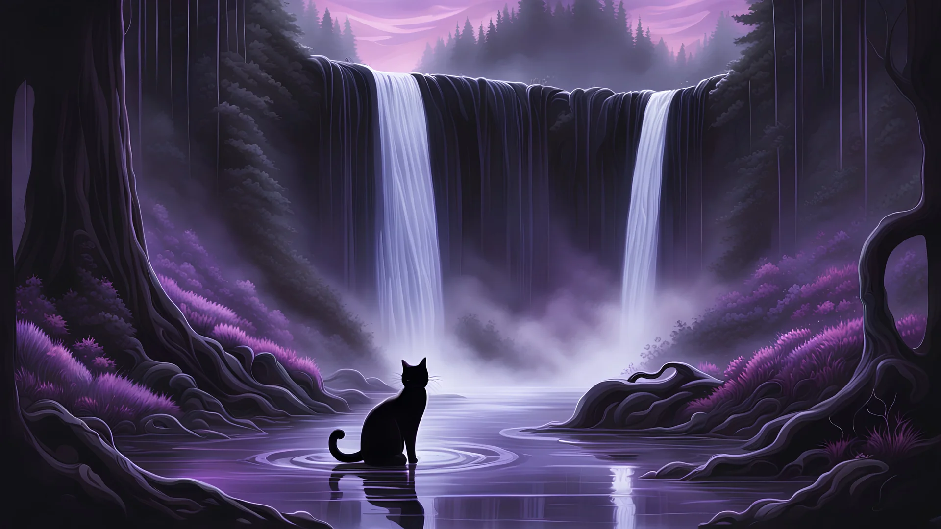 dark place, cozy place, old gods, small black cat in the distance, Lovecraft, abyss, liquid creature,few creatures, the foot of the waterfall, spacious place, violet