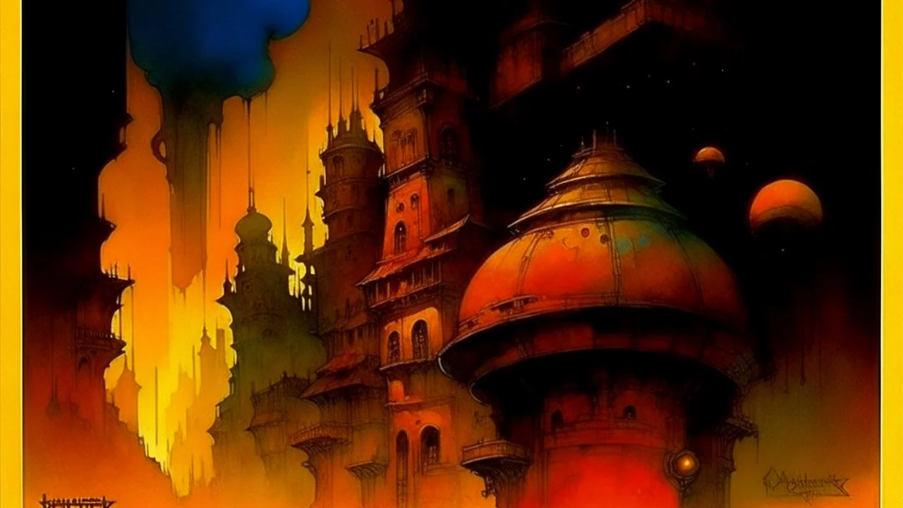 John Harris Style page, ((masterpiece, best quality)), full color, full color, dark serious 1980s steampunk cityscape, magic, watercolor,