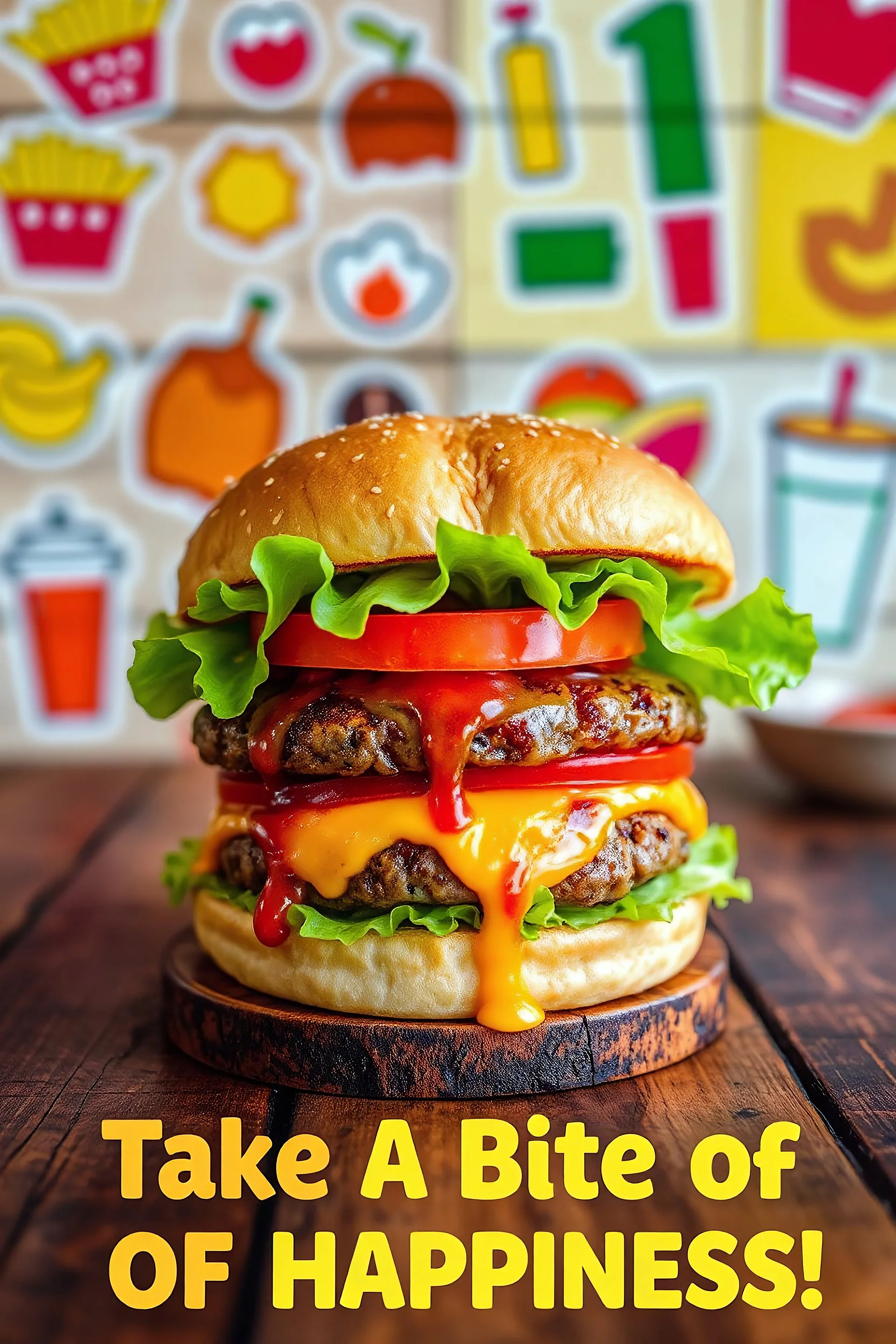 A mouthwatering, stacked burger with fresh ingredients (juicy patty, crisp lettuce, ripe tomato, melted cheese) dripping with sauce, set against a rustic wooden table.Take a Bite of Happiness! 🍔. Juicy. Flavorful. Unforgettable. Visit us today and satisfy your cravings! . Include a background of playful, colorful graphics (like fries, condiments, and drinks) to create a fun atmosphere. Consider using a bold, appetizing font that complements the burger’s colors.