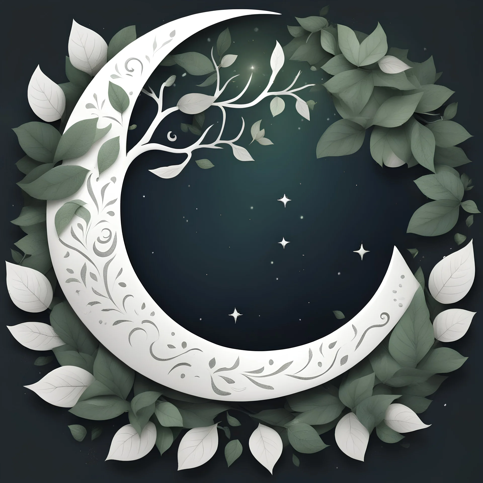 laughing half moon in front, white tree fantasy logo, surrounded frame of leaves