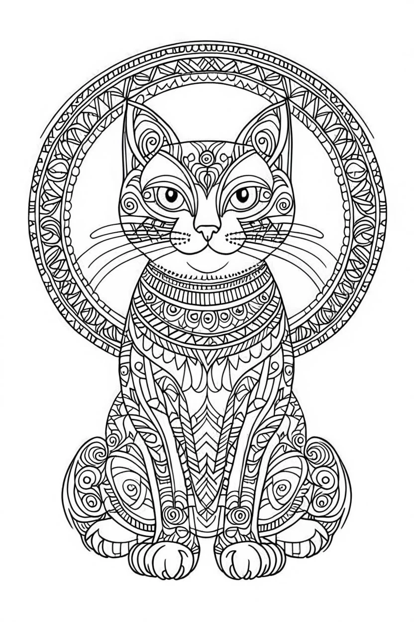 A simple coloring book page drawing with only thick black lines on a white background of a full length body of a kitten mandala of the cat breed ONCILLA with one tail in the minimalist style. No shading. No gray. No shadows. No color. This coloring book page would appeal to children aged sixteen through adults and have clean lines for a design that is easy to color. Style raw. Aspect ratio 9:11